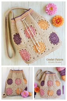 the crochet bag is made with many different colors and patterns, including flowers