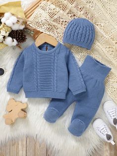 Unisex Newborn Baby Blue Solid Color Fashionable Casual Comfortable Soft Korean Simple All-Match Long Sleeve Sweater With Footed Pants Set, 2pcs. Suitable For Home Wear, Daily Outings, Playtime, Outerwear, And Autumn/Winter Season. Blue   Long Sleeve Knitwear Plain  High Stretch  Newborn Baby Clothing, size features are:Bust: ,Length: ,Sleeve Length: Blue Newborn Outfit, Newborn Sweater, Gloves Outfit, Pants Embellished, Baby Boy Coming Home Outfit, Baby Boy Winter Outfits, Blue Solid Color, Winter Newborn, Plain Pants