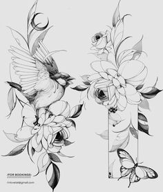 a black and white drawing of two birds with flowers