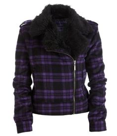 NEW W/TAG $100 AEROPOSTALE PLAID - black and purple - Wool Moto Jacket combines an edge rebellious design with a perfectly preppy plaid pattern! This lightweight layer features an asymmetrical full-zip closure, 2 front zip close  hand pockets, removable black faux fur trim and button tabs at the sleeves, waist, and shoulders. Lined in a black satin material.  Material is poly & wool for warmth and poly lining for comfort :) adorable Moto Jacket! Relaxed fit and approx 21 inches long. Plaid Wool Coat, Preppy Plaid, Purple Jacket, Purple Plaid, Plaid Jacket, Faux Fur Collar, Field Jacket, Wool Plaid, Fur Collar