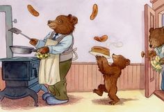 two brown bears standing in front of a stove and another bear cooking hotdogs