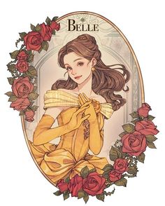 a drawing of a woman wearing a yellow dress with roses around her neck and shoulder