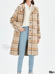 Bjux - Vintage Plaid Print Double Lapel Button Down Belted Coat - Stylish Winter Jacket for Women Plaid Outerwear With Lapel Collar And Double Button, Plaid Outerwear With Lapel Collar And Buttons, Plaid Outerwear With Button Cuffs For Work, Plaid Double-breasted Outerwear With Button Closure, Double-breasted Plaid Outerwear With Button Closure, Plaid Winter Outerwear With Buttoned Pockets, Plaid Winter Outerwear With Button Cuffs, Wool Peacoat, Belted Coat