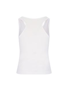 Ribbed top with printRibbed design, logo print on the front, wide neckline, sleeveless, scoop neckline and straight hem.Washing instructionsMachine wash Gender: WOMENMaterial: COTTONColor: WHITEMade in: ITProduct ID: PWAC020F23FAB0010110*Import tax/duty will be calculated at checkout (If applicable) White Seamless Crew Neck Tank Top, Spring Tops With Seamless Construction And Scoop Neck, Spring Scoop Neck Top With Seamless Construction, White Sleeveless Elastane Camisole, White Stretch Scoop Neck Tank Top, White Seamless Top With Medium Support, Casual Fitted Top With Wide Straps, White Cotton Scoop Neck Vest, Basic Fitted Tops With Wide Straps