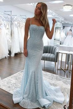 Lite Blue Prom Dresses, Light Blue Prom Dress Long Tight, Prom Dresses With Long Trains, Body Fitting Prom Dress, Prom Dress Blue Light, Prom Dresses Straight Neckline, Light Blue Prom Dress Tight, Light Blue Sparkly Prom Dress, Blonde Prom Dress