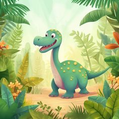 a cartoon dinosaur in the jungle surrounded by plants