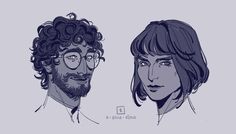 two people with long hair and glasses are drawn in blue ink on a gray background