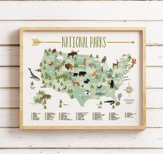 an illustrated map of the united states with animals and places labeled in green, on a white background