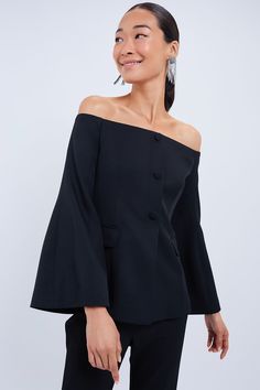 Black Off the Shoulder Bria Blouse | Tuckernuck Flattering Tops, Cocktail Attire, Pullover Sweatshirts, Office Fashion, Black Blouse, Fit And Flare, Off The Shoulder, Day Dresses, Clothes For Sale