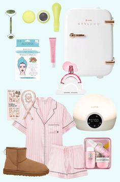 the contents of a woman's pink and white outfit