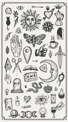 an old fashioned tattoo design with various symbols