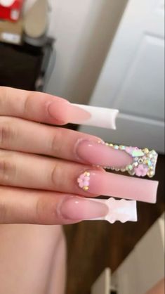 Square Rhinestone Acrylic Nails, Kitty Nails, Cow Nails, French Tip Acrylic Nails, Classy Acrylic Nails, Long Acrylic Nails Coffin, Acrylic Nails Coffin Pink