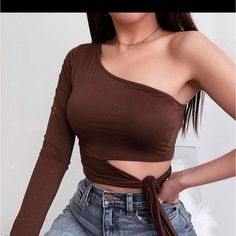 Fashion Nova One Shoulder Top Size Xs Brown Super Cute !! Open To All Offers Brand New Brown Tops For Spring Night Out, Brown Top For Spring Night Out, Trendy Brown Crop Top For Spring, Casual Brown Tops For Night Out, Casual Brown Crop Top For Party, Suede Crop Top, Puffy Sleeve Top, Ruffled Crop Top, Lace Front Top