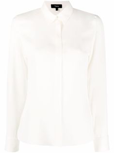 Ivory silk long-sleeve silk shirt from THEORY featuring classic collar, long sleeves, buttoned cuffs, concealed front button fastening and straight hem. | Theory Long-Sleeve Silk Shirt Silk Shirt Men Farfetch, Designer Shirts, Jil Sander, Silk Shirt, Silk Blouse, Shirt Outfit, Fashion Branding, Saint Laurent, Top Shirt