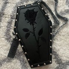 Dolls Kill Black Rose Coffin Backpack Can Also Be Worn As A Cross Body Brand New With Packaging Dimensions 11.5" H X 7.5" W X 4" D Offers Welcome Coffin Bag, Goth Backpack, Pretty Coffins, Goth Purse, Velvet Backpack, Butterfly Backpack, Gothic Bag, Gothic Glam, Embroidered Backpack