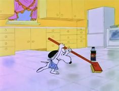 a cartoon dog holding a baseball bat in his mouth and swinging it at something on the floor