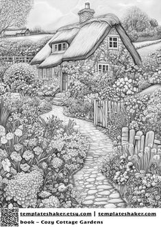 a black and white drawing of a cottage in the countryside with flowers, trees and bushes