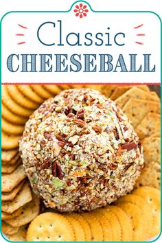 a close up of a cheese ball surrounded by crackers