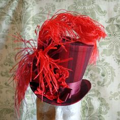 Red Burlesque Top Hat With Feathersstriped Top Hat for | Etsy Red Burlesque, Vintage Cabaret, Circus Hat, Superhero Hats, Red Silk Fabric, Lace Turban, Victorian Circus, Burlesque Dress, Top Hats For Women