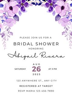 the floral bridal shower is shown in purple and white