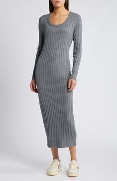 A graceful scoop neck adds a charming touch to a staple sweater dress knit in a wool-kissed blend. Scoop neck Long sleeves Ribbed cuffs and hem 36% viscose, 36% nylon, 22% polyester, 4% wool, 2% spandex Hand wash, dry flat Imported Elegant Crew Neck Daywear Dress, Elegant Crew Neck Dress For Daywear, Winter Gray Ribbed Dress, Knitted Sweater Dress For Loungewear, Knit Dress With Ribbed Neckline For Fall, Fall Knit Dress With Ribbed Neckline, Fitted Gray Sweater Dress For Fall, Elegant Stretch Sweater Dress With Ribbed Neckline, Gray Midi-length Sweater Dress For Fall