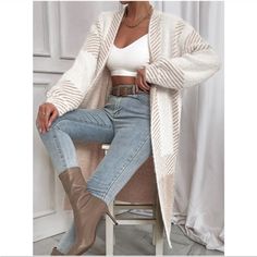 Cozy Khaki Color Block Stripes Fuzzy Open Front Cardigan Xs S M L Xl, Nylon Blend Classy Office, Fall Stripes, Sweater Preppy, Jersey Tops, Going Out Shirts, Cardigan Casual, Gilet Long, Pullover Outfit, White Accessories