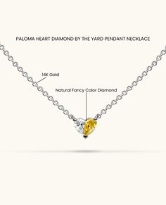 Introducing Paloma's iconic Heart necklace, a unique design that beautifully spotlights a fancy yellow diamond perfectly paired with a glistening white diamond, forming a flawless heart motif. The chain is adorned with diamonds by the yard, creating a radiant sparkle from every angle. Luxury Diamond White Necklace With Heart Charm, Yellow Diamond Fine Jewelry Necklace, Fine Jewelry Yellow Diamond Necklace, Yellow Diamond Necklace In Fine Jewelry Style, Diamond Cut Yellow Gold Heart Necklace, Luxury Diamond Heart Necklace In Yellow Gold, Yellow Diamond Necklace With Brilliant Cut, Yellow Diamond Jewelry With Single Cut Diamonds, Yellow Diamond Necklace For Anniversary