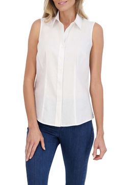 Revel in a breezy, sunny day with a button-up shirt in a sleeveless silhouette that will complement your warm-weather wardrobe. 26" length (size 6) Front button closure Spread collar Sleeveless 55% linen, 45% Lenzing™ EcoVero™ viscose Lenzing EcoVero viscose is a sustainably produced fiber using pulp made from renewable wood sources and certified with the EU Ecolabel for high environmental standards, including lower emissions and water usage than generic viscose Machine wash, tumble dry Imported Sleeveless White Button Down, Sleeveless Cotton Shirt With Button Closure, Solid Color Button-up Tops With Welt Pockets, Slim Fit Button-up Top With Hidden Closure, Cotton V-neck Vest With Button Closure, Size 16, Warm Weather, Linen Blend, Sunny Days