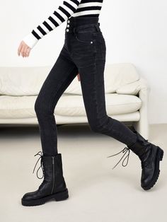 MO&Co.Women High Rise Slim Fit Jeans Features : - High waist - Slim fitCode : MBC1JENT12Inside leg length of size M is 99cmBlack : Model is 175cm tall and wearing a size M MATERIALS & CARE : Material : 68.4% Cotton 22.4% Polyester 8% Viscose 1.2% SpandexUse a washing machine at the mild process of 30℃ Do not bleach, do not soak Do not tumble dryTips : 1. The leather part cannot be ironed or wiped. 2. It is a normal phenomenon that denim products have slight discoloration.Please select your own s Slim Waist, Dressed Down, Slim Fit Jeans, Favorite Jeans, Jeans Fit, Black Jeans, Fitness Fashion, Loose Fitting, Dress Up