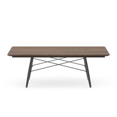 a wooden table with metal legs on an isolated white background, viewed from the front