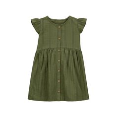 Give your kid a look they'll love with this Toddler Girl Carter's Olive Button-Front Flutter Dress.Give your kid a look they'll love with this Toddler Girl Carter's Olive Button-Front Flutter Dress. Click on the BABY PRODUCTS & CLOTHES GUIDE to find everything you need to keep your baby healthy and happy!FEATURES Front button placket Short sleeves Tiered designFABRIC & CARE Cotton Machine wash ImportedRESPONSIBLE Tested for harmful substancesSTANDARD 100 by OEKO-TEX® CERTIFIEDCertification No. 2 Casual Flutter Sleeve Twirl Dress For Playtime, Casual Ruffle Sleeve Dress For Playdate, Casual Dresses With Buttons For Playtime, Clothes Guide, Carters Size Chart, Church Clothes, Kid A, Flutter Dress, Church Dresses