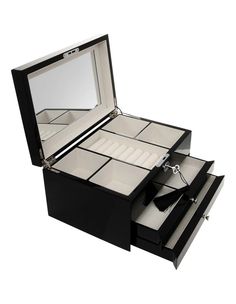 an open black jewelry box with three drawers