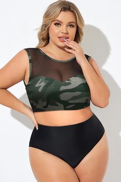 Plus Size Camo Mesh Sportback Bikini Top Sleeveless Nylon Swimwear With Medium Bust Support, Sleeveless Swimwear With Medium Bust Support For Beach, Beach Tankini With Medium Bust Support, Sleeveless Swimwear With Mesh Back, Beach Swimwear With Medium Bust Support, Sleeveless Tankini With Medium Bust Support For Beach, Sleeveless Beach Tankini With Medium Bust Support, Medium Bust Support Sleeveless Tankini For The Beach, Sleeveless Mesh Back Swimwear For Pool