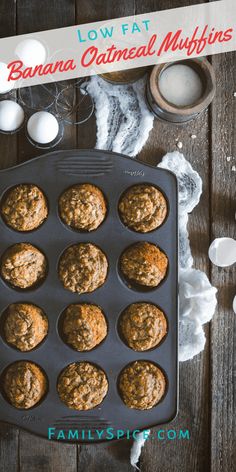 banana oatmeal muffins in a baking pan on a wooden table