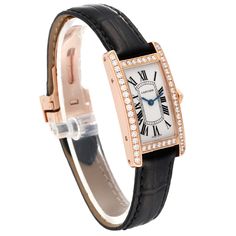 Cartier Tank Americaine Small Rose Gold Diamond Ladies Watch WJTA0002. Quartz movement. 18K Rose gold case 19.0 x 28.0 mm. Octagonal crown set with an original Cartier factory diamond. Original Cartier factory diamond bezel. Scratch resistant sapphire crystal. Silver opaline dial with Roman numerals. Sword shaped blued steel hands. Black leather strap with 18K rose gold deployant clasp. Luxury Rectangular Diamond Watch For Formal Occasions, Elegant Watch Bands With Diamond Hour Markers For Anniversary, Cartier Diamond Watch For Wedding With Polished Finish, Timeless Diamond Watch With Subdials, Luxury Watch Bands With Polished Finish For Anniversary, Timeless Diamond Watch With Subdials For Wedding, Formal Diamond Watch With 17 Jewels And Round Dial, Formal Diamond Watch With 17 Jewels, Luxury Cartier Diamond Watch For Anniversary