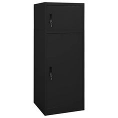 a black metal cabinet with two doors