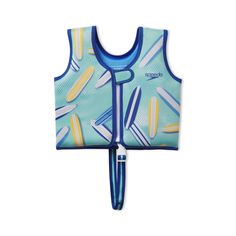 a child's life vest with blue and yellow stripes on it, attached to a hook