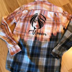 Bleached flannel for women, men's size 34-36, upcycled designer painted flannel with a lady portrait and "Warrior" painted on the back.  This is a cute reworked fall plaid shirt which would be great for back to school or college this fall or would make a great gift for anyone who enjoys wearing fun, unique clothing! (WANT TO SEE MORE FROM THIS COLLECTION? Type BPWG in this store's search field.) DETAILS: Size:  Men's 34-36  (I would estimate women's size small to medium) Brand:  Faded Glory Materials:  100% cotton MEASUREMENTS: Top of shoulder to hem:  29 inches Width across back at armpit:  19 inches Sleeve length:  24 inches Be sure to check the size and measurements.  Sizing for clothing brands is often different! Hint:  To be sure this item will fit, lay your favorite shirt out flat an Fitted Flannel Shirt For Fall, Painted Flannel, Bleached Flannel Shirt, Bleached Flannel, Lady Portrait, Upcycle Shirt, Fall Plaid, Clothing Details, Unique Clothing