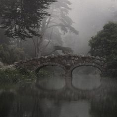 a stone bridge over a body of water with trees in the background on a foggy day