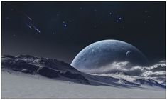 an artist's rendering of planets in the sky, with mountains and stars around them