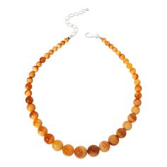 Jay King Sterling Silver Apricot Carnelian Graduated Bead Necklace Unique color patterns in shades of orange and yellow, plus a classic graduated silhouette make this carnelian bead necklace a great choice for chic, sophisticated dressing. From Jay King.       Approx. 18"L x 5/8"W with 2-3/4" extender     Stamped .925     Hook closure     Necklace has round, polished beads of orange/yellow carnelian strung in graduated profile   Stone Information       All sizes and weights approximate     Stabi Orange Polished Beads Necklaces For Jewelry Making, Orange Single Strand Beaded Necklace With Round Beads, Amber Single Strand Necklace With Round Beads, Orange Beaded Round Necklace, Elegant Orange Carnelian Beaded Necklace, Orange Single Strand Beaded Necklace, Adjustable Round Orange Necklace, Classic Orange Round Necklace, Hand-strung Orange Necklace