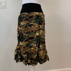 Surrealist Camo Midi Drape Skirt. New And Never Worn But No Tags Size 1 Equivalent To Womens Small Camouflage Summer Skirt, Summer Camouflage Mini Skirt, Casual Fitted Cargo Skirt With Elastic Waistband, Camouflage Mini Skirt For Spring, Spring Camouflage Mini Skirt, Casual Camouflage Skirt For Fall, Fitted Camouflage Mini Skirt, Fitted Cargo Skirt With Lining For Fall, Brown Stretch Lined Skirt