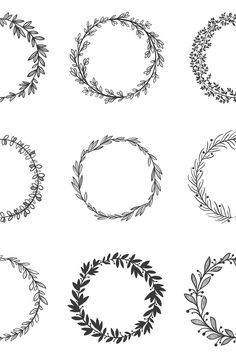 a set of six hand drawn wreaths with leaves and branches on them, all in black