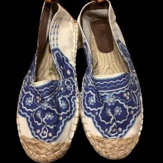 New Without Tags Espadrilles Made In Spain. Size 39e/40c Slip-on Flat Heel Espadrilles For Beach, Blue Espadrilles With Woven Sole For Beach, Blue Open Toe Espadrilles With Woven Sole, Blue Open-toe Espadrilles With Woven Sole, Summer Slip-on Espadrilles, Blue Summer Espadrilles With Woven Sole, Blue Espadrilles With Rubber Sole For Spring, Vacation Slip-on Flat Espadrilles, Casual Beach Espadrilles With Round Toe