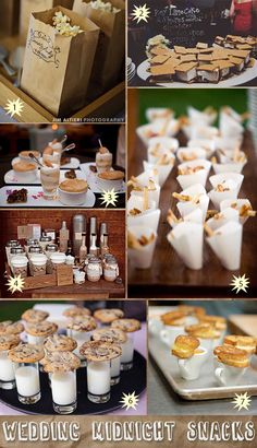 wedding desserts and snacks are displayed in this collage with the words, wedding midnight snacks