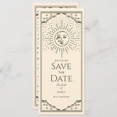 save the date card with sun and clouds on white marble background, in black ink