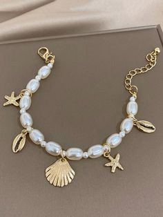 Gold  Collar  Zinc Alloy   Embellished   Women's Fashion Jewelry Sea Vibe, خواتم خطوبة, Seashell Bracelet, Surf Jewelry, Vacation Jewelry, Preppy Jewelry, Pretty Jewelry Necklaces, Faux Pearl Bracelet, Beads Bracelet Design