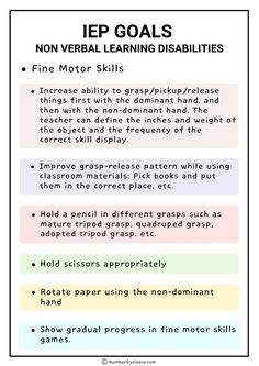 an info sheet with the words iep goals and non - verbal learning disabilitiess