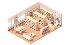 an illustration of a library with tables and bookshelves