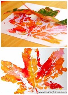 an autumn leaf made out of melted paper and leaves on top of it, with text overlay that reads fall leaf art for kids